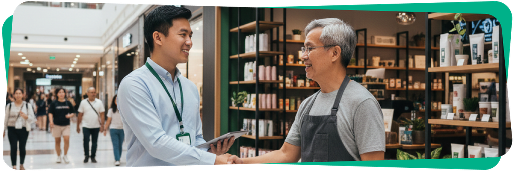 Two men shaking hands in a shopping mall. One wears business attire with a lanyard, and the other wears an apron. Shelves with products are visible.