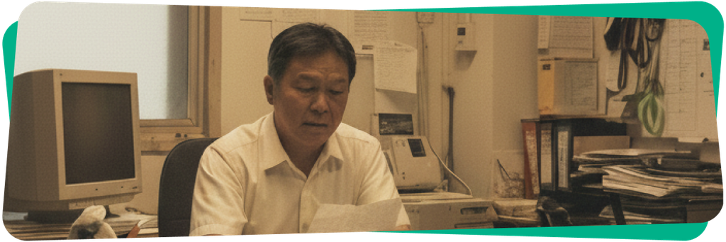 A man in an office reading a document at a desk cluttered with papers, folders, and an old computer monitor.