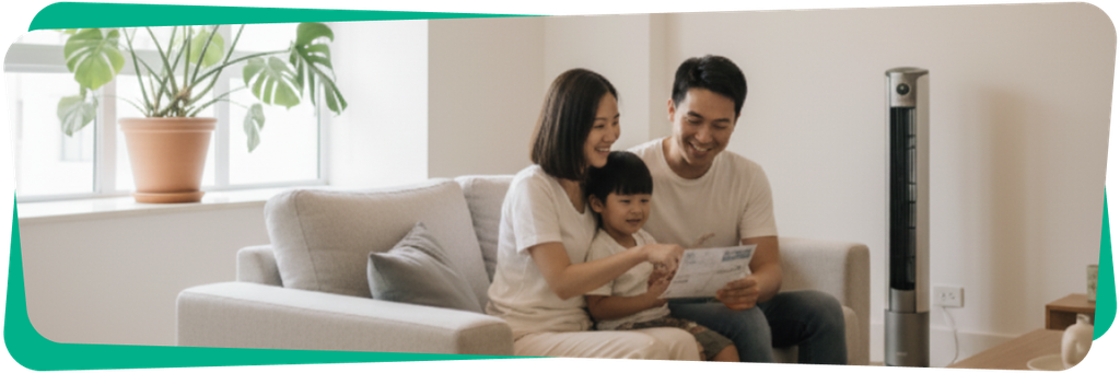 A family sitting on a sofa, smiling and looking at a document together, with a potted plant and a fan in the background.