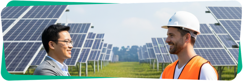 Two men, one in a suit and one in construction gear, stand in a solar panel field, smiling at each other under a clear blue sky.