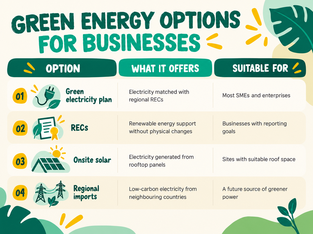 Infographic titled "Green Energy Options for Businesses" detailing four options: Green electricity plan, RECs, Onsite solar, and Regional imports. Infographic titled "Green Energy Options for Businesses" detailing four options: Green electricity plan, RECs, Onsite solar, and Regional imports.