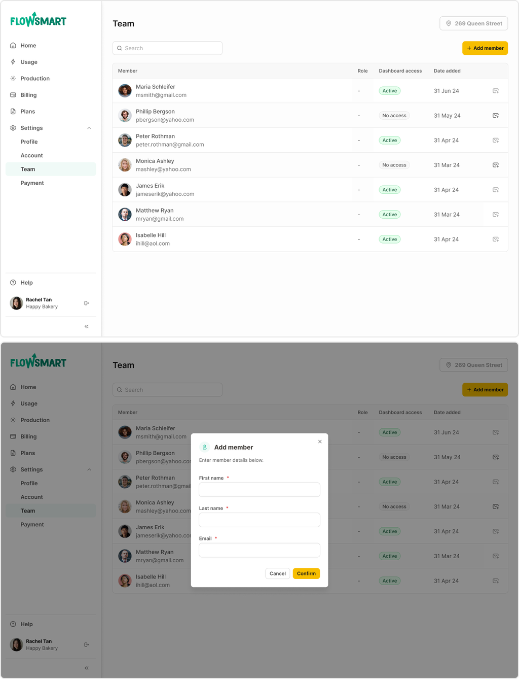 Manage teams dashboard Dashboard with a list of team members, their emails, roles, and invite status. Below, a form to add a new member with fields for name and email.