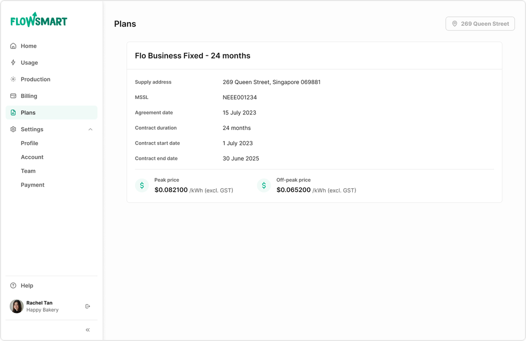 Screenshot of a FlowSmart interface showing plan details: address, MSISDN, contract dates, and peak/off-peak prices. User info is at the bottom.