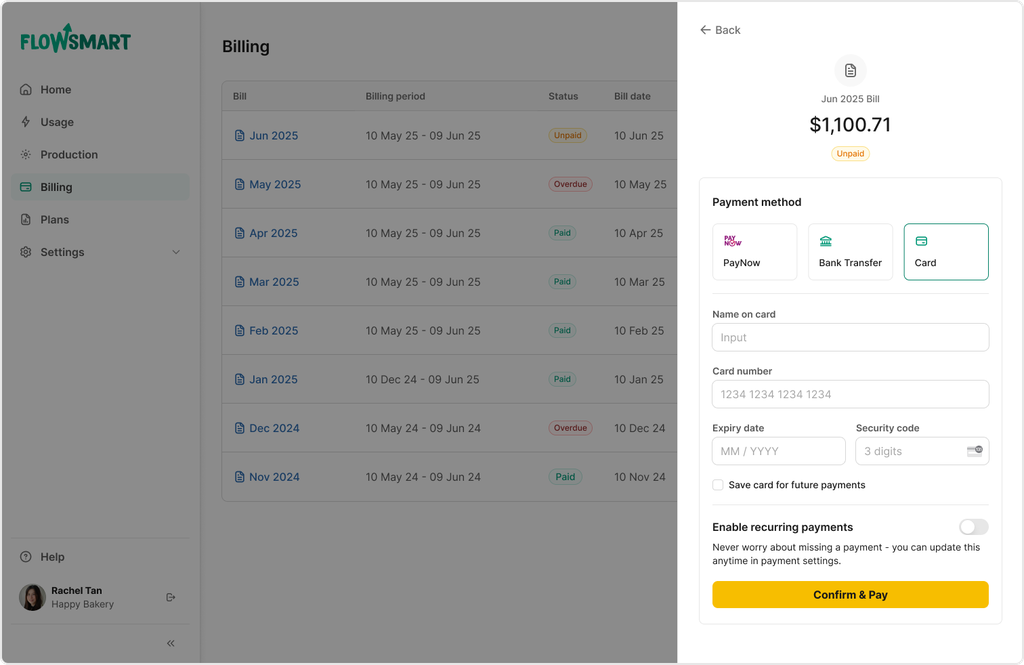 Billing page with a list of past and upcoming bills. Payment section showing total of $1,100.71, payment methods, and card input fields.