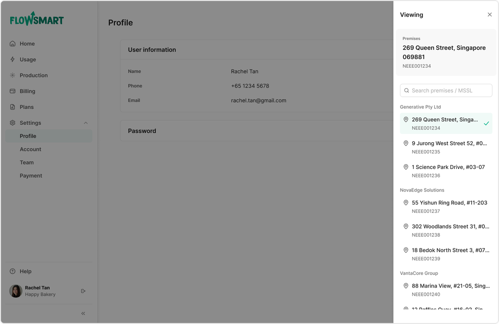 Application interface displaying user information and a list of addresses. User details include name, phone, and email. Sidebar shows property addresses.