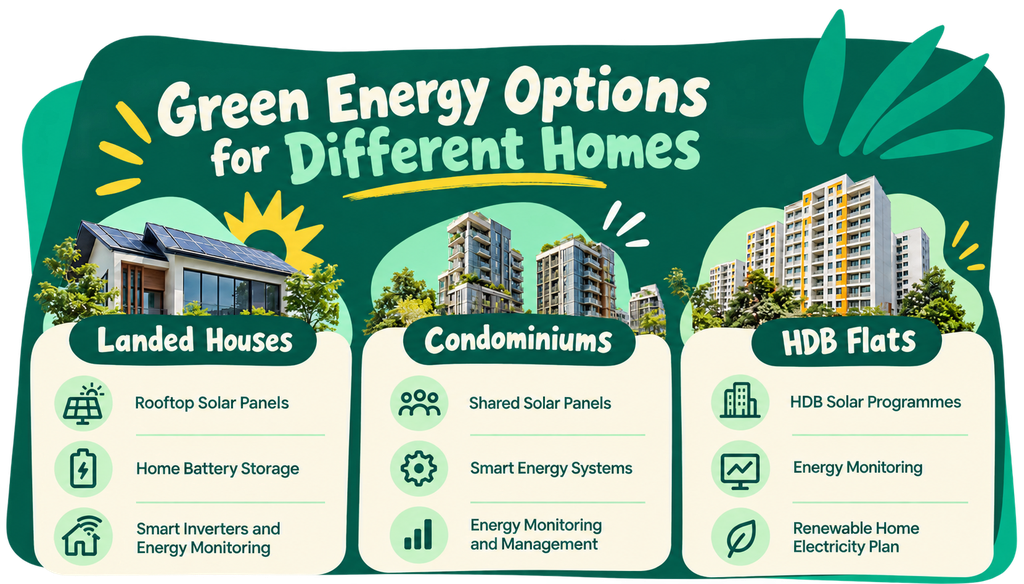 Infographic on green energy options for landed houses, condominiums, and HDB flats, featuring solar panels, energy systems, and monitoring solutions.