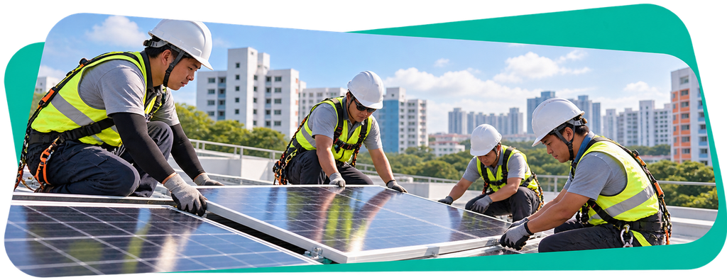 Four workers in safety gear install solar panels on a rooftop with a cityscape in the background.