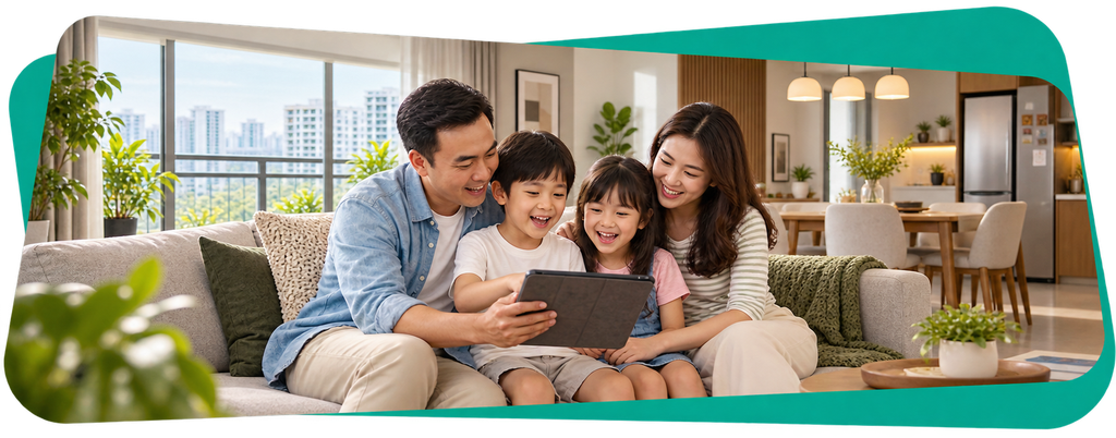 A family of four sitting on a couch in a bright living room, smiling and looking at a tablet together.