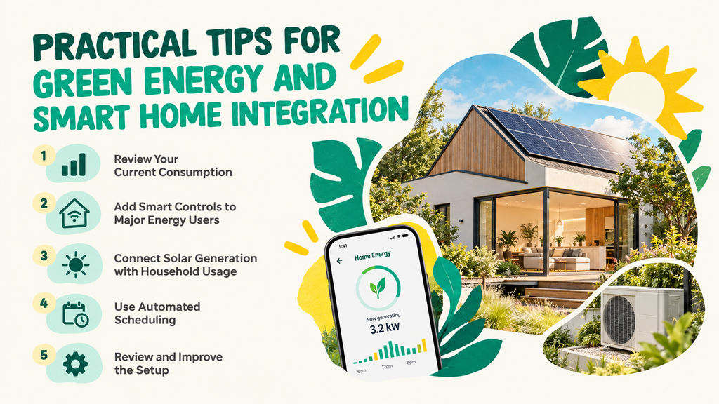 Tips for green energy integration, including evaluating consumption, adding smart controls, solar connection, automated scheduling, and setup review.