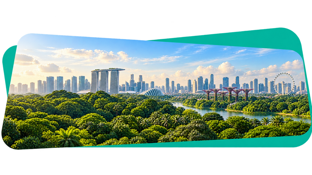 Aerial view of a lush green park with a city skyline in the background, featuring iconic futuristic buildings, a Ferris wheel, and a blue sky.
