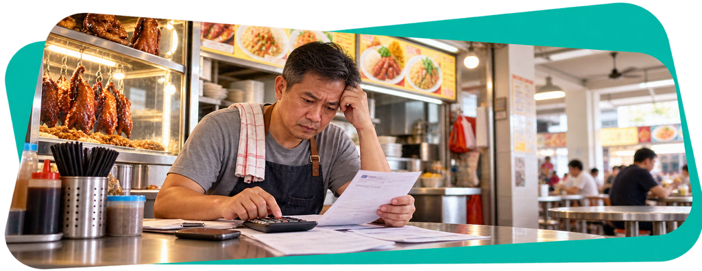 Man in apron at a food stall, sitting with papers and a calculator, looking stressed. Roasted meats and chopsticks are visible on the counter.