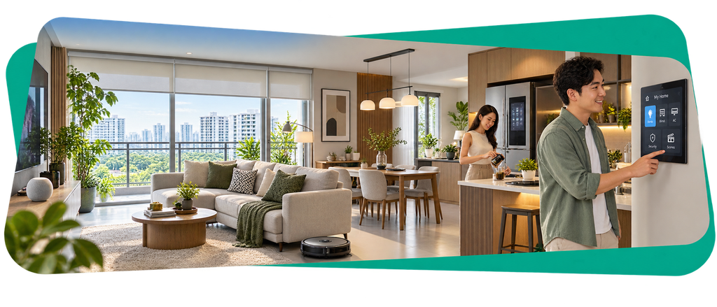 A modern living room and kitchen with large windows, lush plants, a smart home panel, smiling people, and a robot vacuum on the floor.