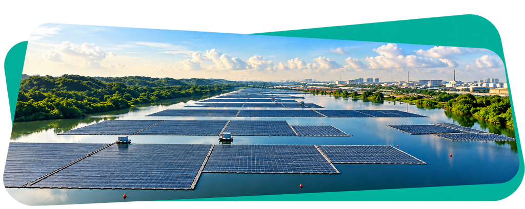 Floating solar panels on a calm river, surrounded by lush greenery, under a clear blue sky with scattered clouds and distant cityscape.