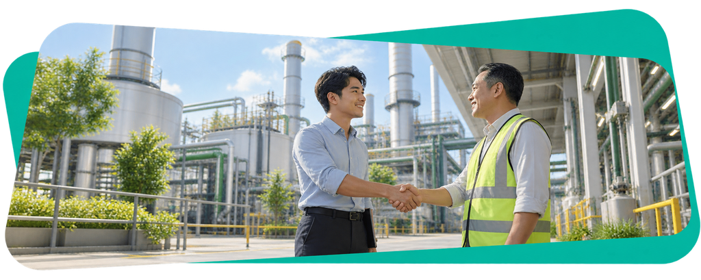 Two men, one in a business shirt and the other in a safety vest, shaking hands at an industrial facility with equipment and greenery.