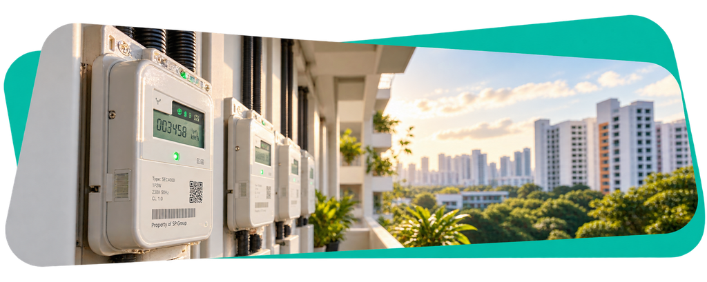 A row of electric meters on a building balcony, with a city skyline in the background under a partly cloudy sky.