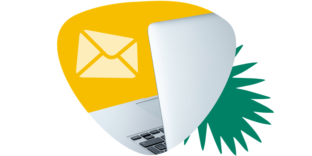 Laptop with an email icon on a yellow background and a green abstract shape.
