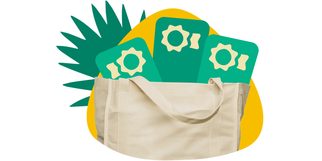 Canvas tote bag filled with recs, set against a yellow background with green leaf accents.