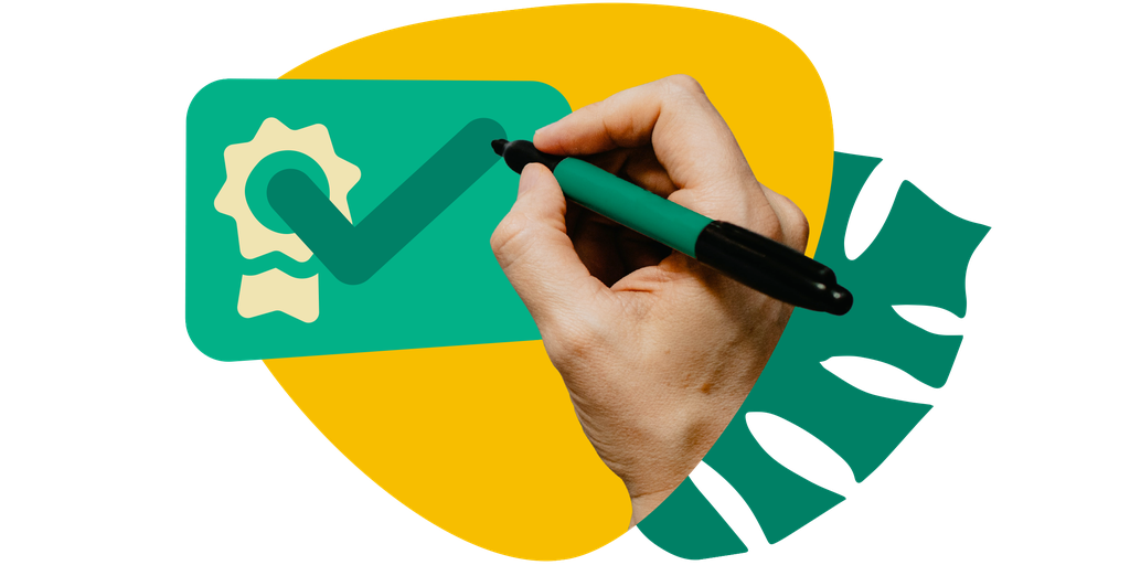 Hand holding a green pen drawing a checkmark on a green card with a gear symbol, set against a yellow and green abstract background.