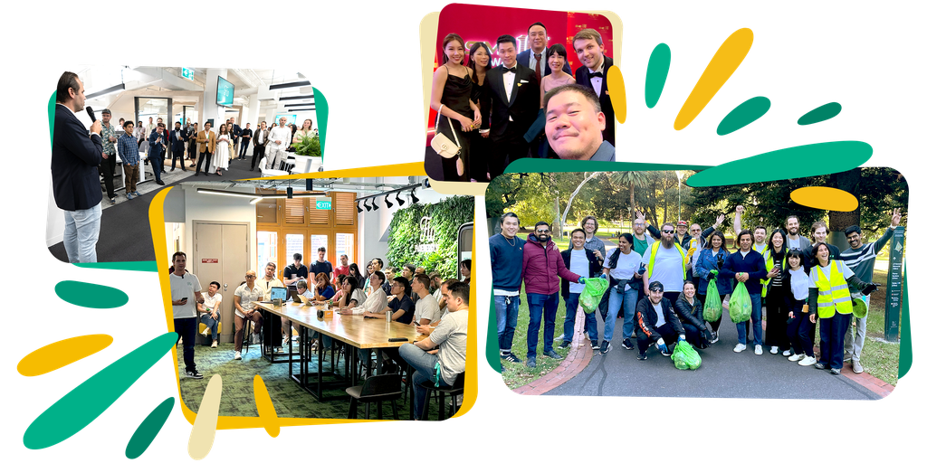A collage of four images showing people at a conference, dining, attending a formal event, and participating in a park cleanup.