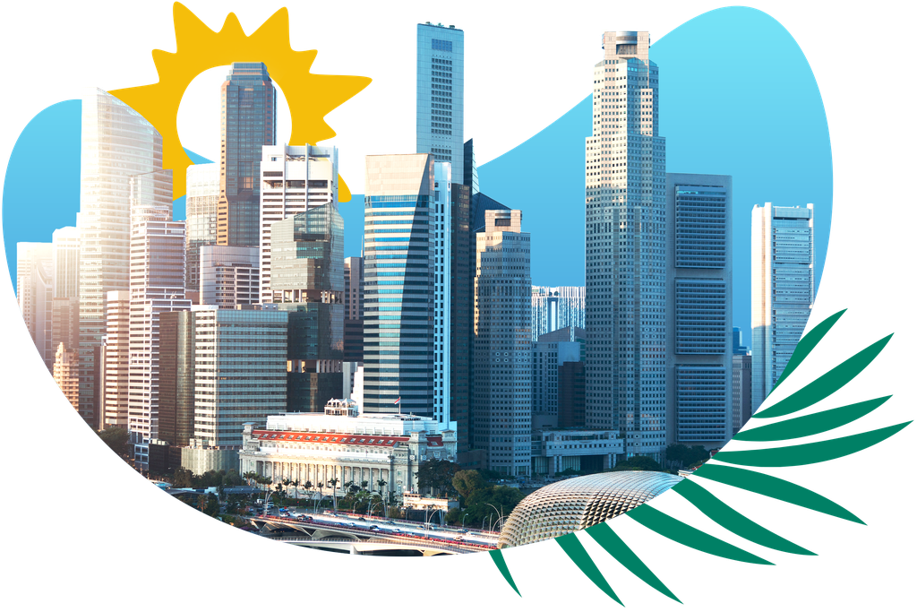 Illustration of a modern city skyline with tall skyscrapers, a stylized sun, and abstract leaf shapes in the foreground.