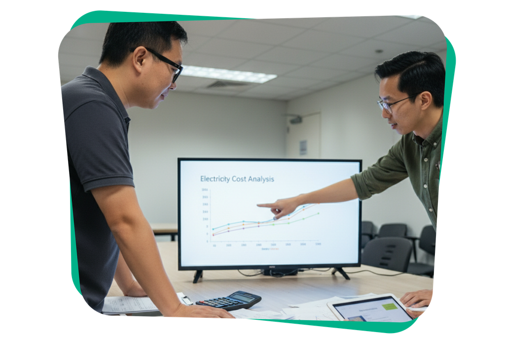 Two people discussing an electricity cost analysis graph on a screen in an office, with papers and a calculator on the table.