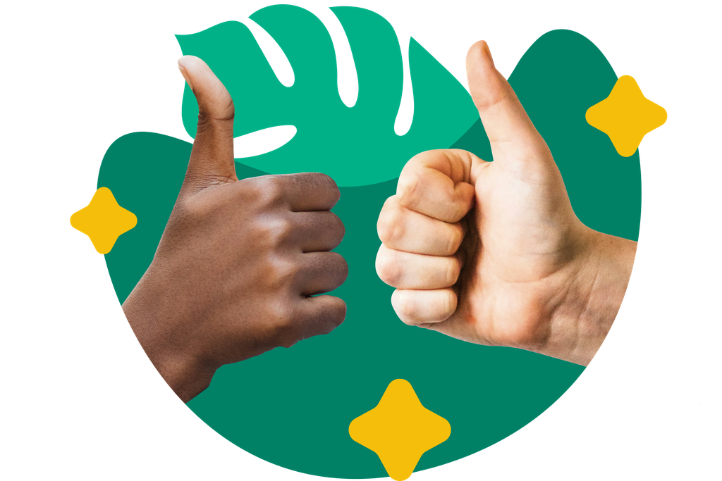 Two hands giving thumbs up against a green abstract background with yellow star shapes.