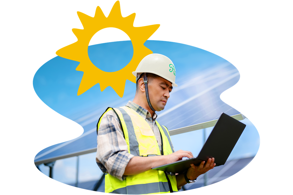 A worker in a hard hat and safety vest uses a laptop near solar panels, with a stylized sun in the background.