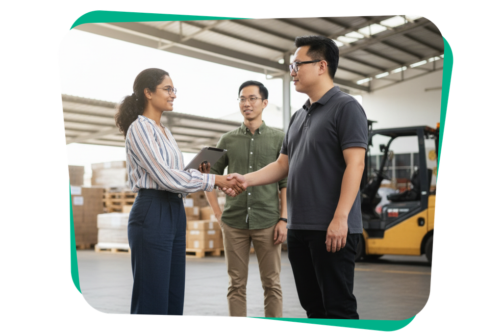Three people in a warehouse, one woman and one man shaking hands, another man observing; a forklift in the background.