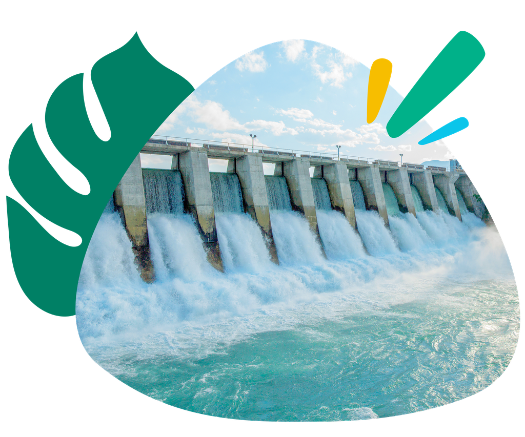 Concrete hydroelectric dam releasing powerful torrents through multiple spillways into a turquoise river, framed by green graphic accents.