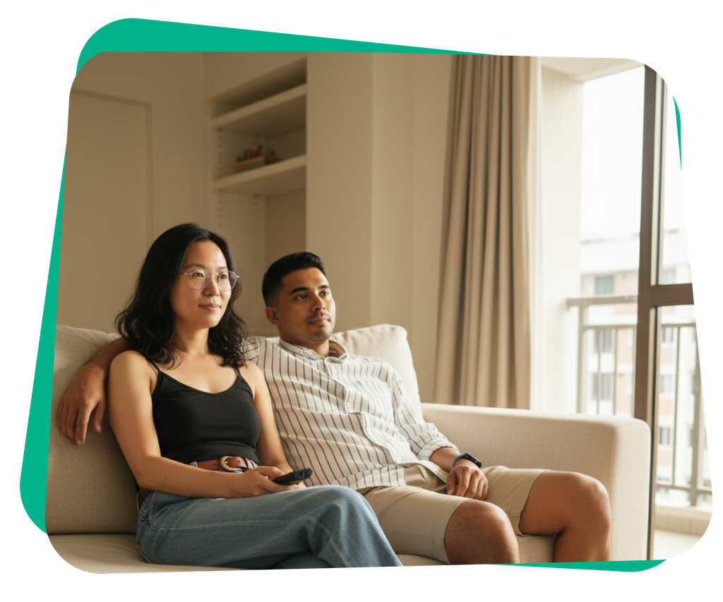 A couple sitting on a couch in a living room, watching TV with a remote control, next to a large window with curtains.