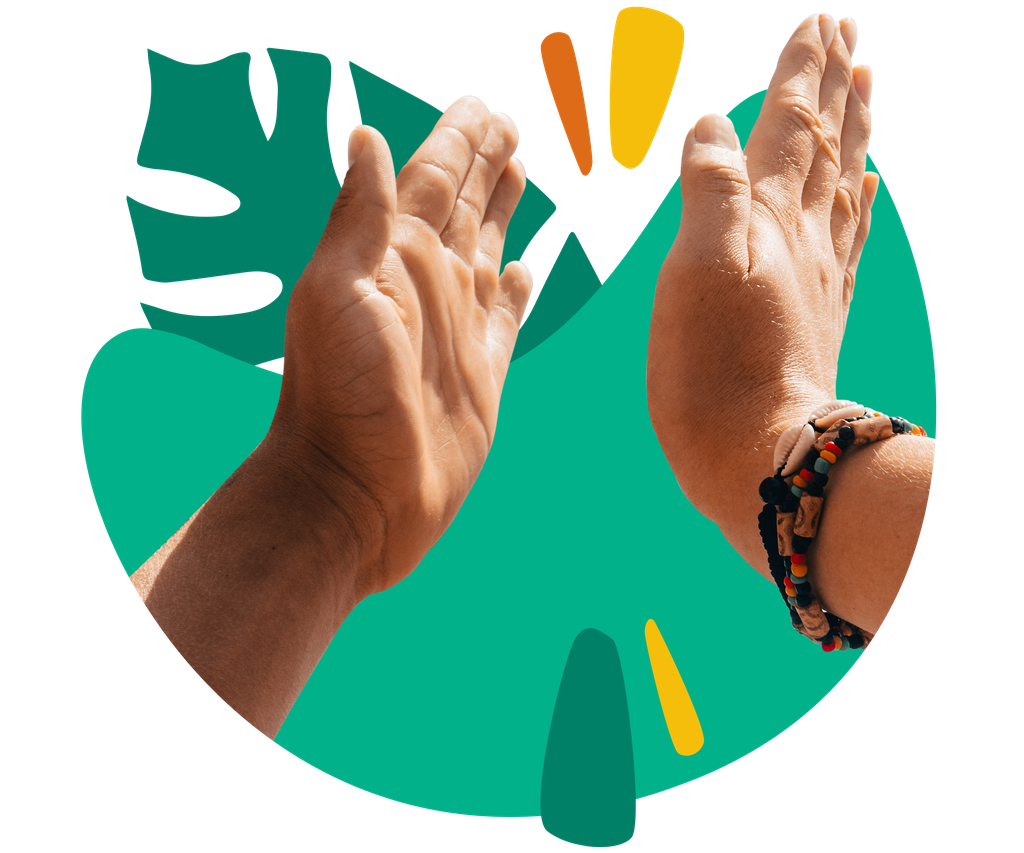 Hands clapping against a green background with abstract shapes and a tropical leaf design.