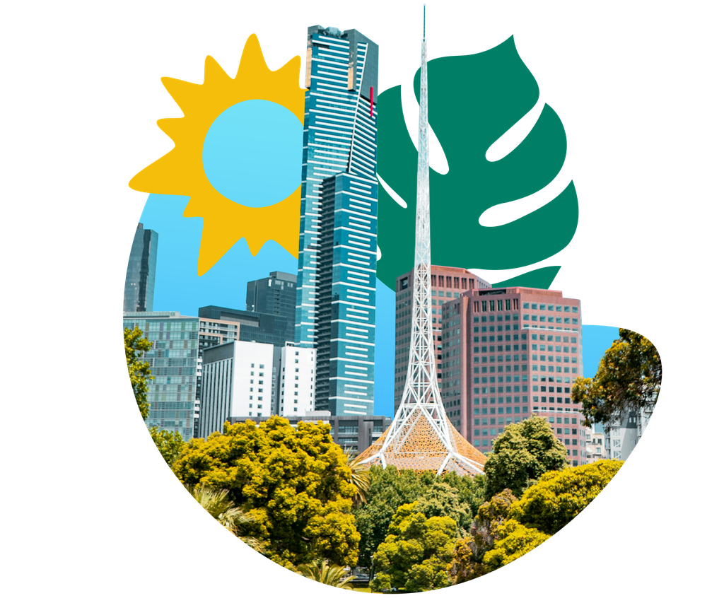 Illustration of a cityscape with modern skyscrapers, a sun, and large leaves, surrounded by trees under a clear blue sky.