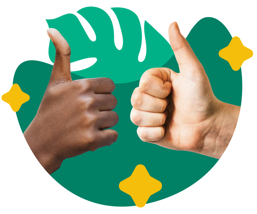 Two hands giving thumbs up against a green background with a leaf and yellow stars.