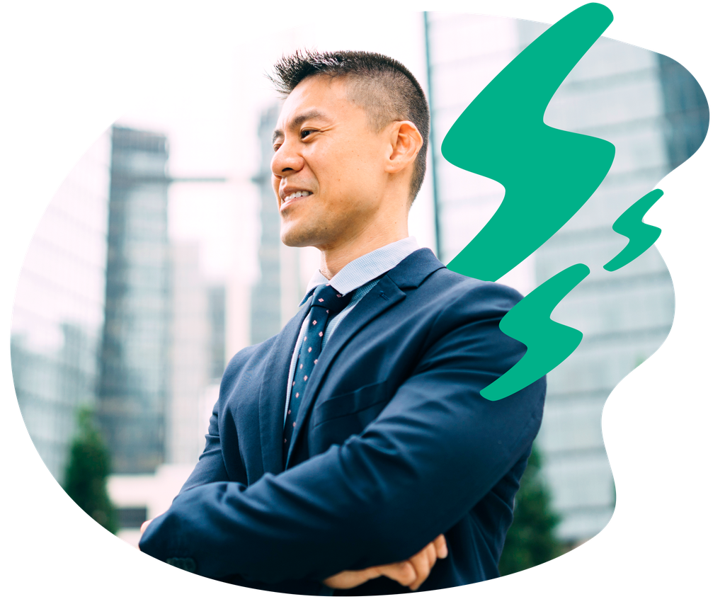 Business man with electricity bolt motifs surrounding him.