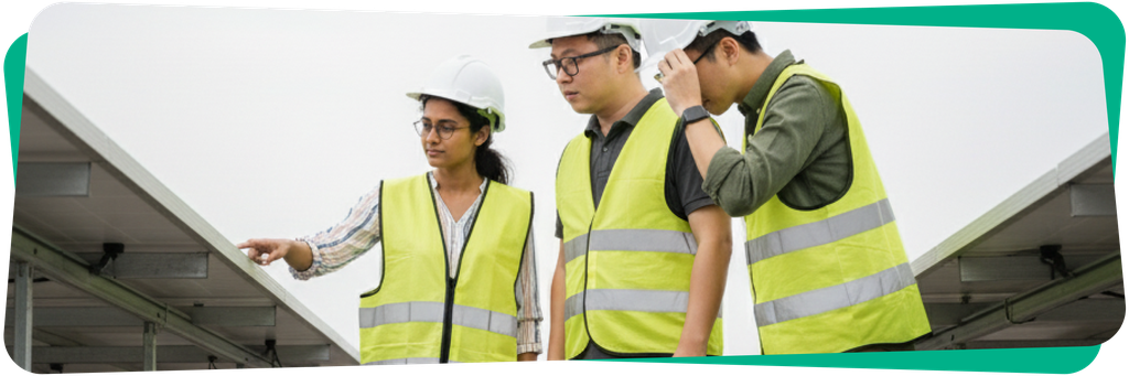 Three engineers in safety vests and helmets inspect solar panels, with one pointing at the equipment.