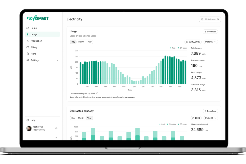 Laptop screen displaying an electricity usage dashboard with bar graphs, usage statistics, and navigation menu on the left.