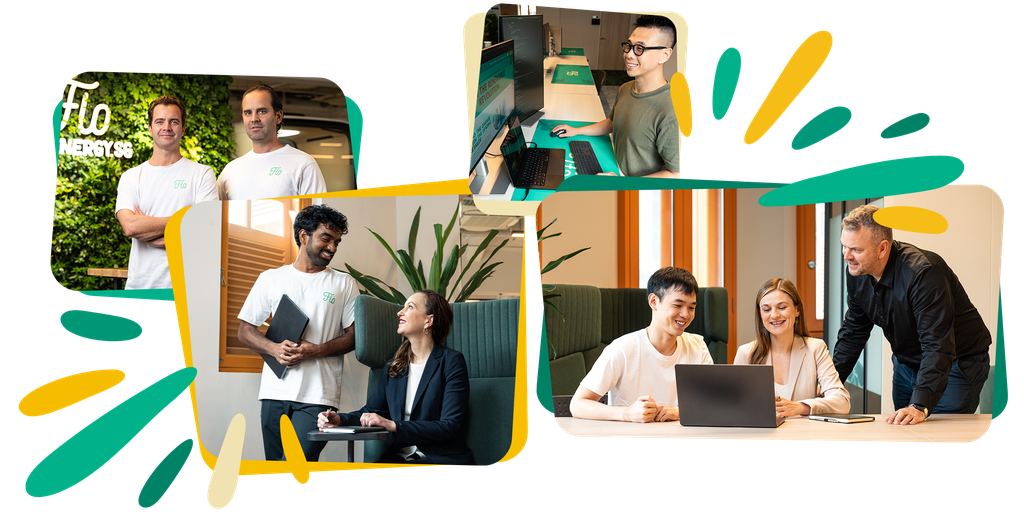 Collage of diverse people in office settings, collaborating on laptops, discussing in pairs, and working at desks, with colorful graphic accents.
